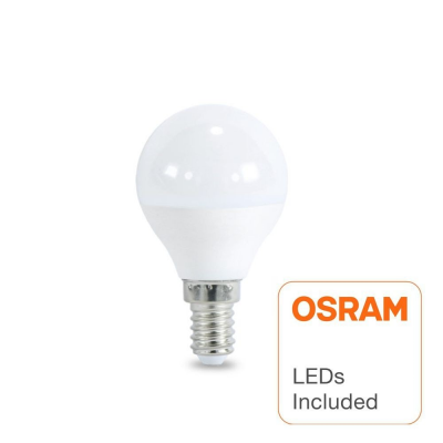Lâmpada LED OSRAM redonda branca com base metálica prateada e texto LEDs Included