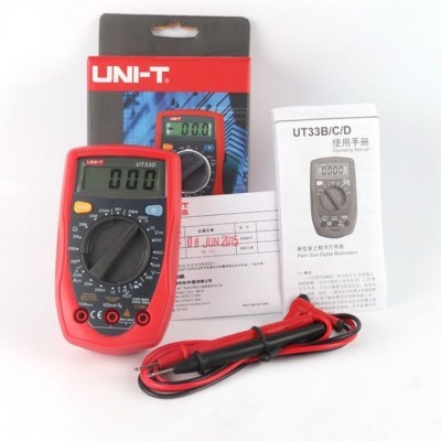 Multímetro digital vermelho e preto UNI-T UT33D com cabos e manual