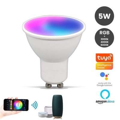 Lâmpada LED GU10 RGB 5W com controle via smartphone e assistentes virtuais