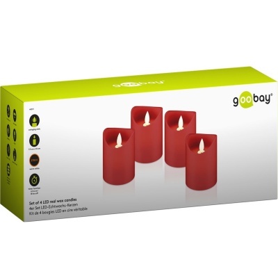 Conjunto de 4 velas LED vermelhas na embalagem da marca goobay