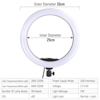 Anel de luz LED branco com especificações de tamanho e energia
