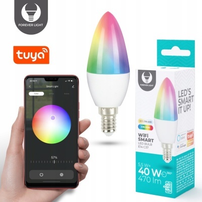 Lâmpada LED multicolorida FOREVER LIGHT E14 com embalagem e controlo via app Tuya no telemóvel