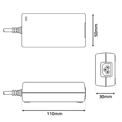 Carregador branco com cabo e conector de três pinos, mostrado em três vistas técnicas com dimensões.