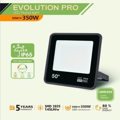 Projetor LED EVOLUTION PRO preto e branco com especificações técnicas visíveis