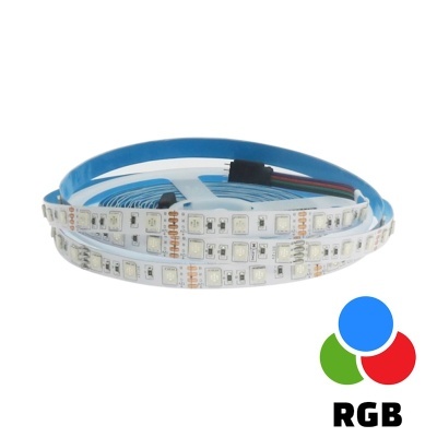Fita LED RGB flexível enrolada com conector preto e fita adesiva azul
