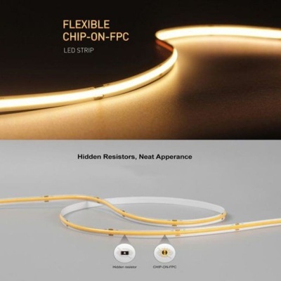 Fita LED flexível branca quente com texto FLEXIBLE CHIP-ON-FPC LED STRIP e Hidden Resistors, Neat Appearance