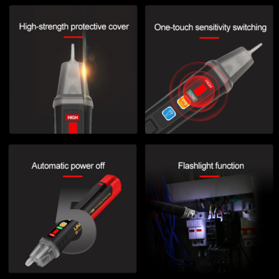 Ferramenta eletrónica de medição com capa protetora e botões coloridos destacada em quatro funcionalidades.