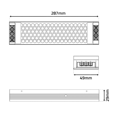 Desenho técnico de barra retangular com padrão de colmeia e dimensões