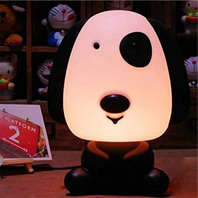 Luminária formato cão cartoon com luz branca e detalhes em preto