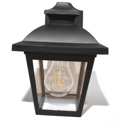 Lanterna de parede metálica preta com lâmpada visível no interior