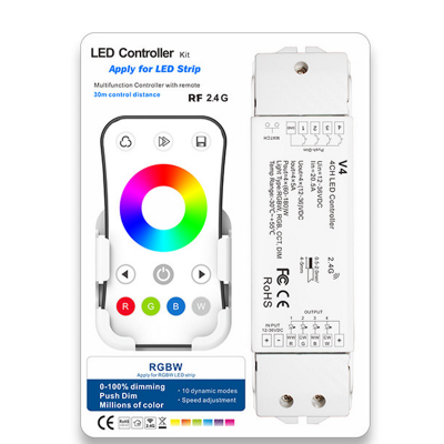Kit controlador LED RGBW com comando remoto branco com roda de seleção de cores e controlador compacto branco com etiquetas técnicas