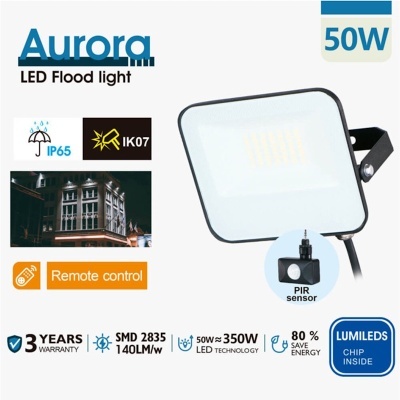 luz LED Flood Aurora de 50W com sensor PIR e controlo remoto