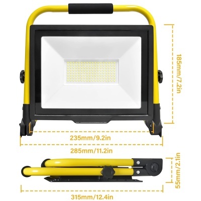 Projetor LED portátil preto e amarelo, mede 185x235-285x55mm fechado, 315mm comprimento total.