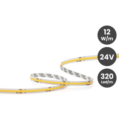 Fita LED amarela flexível com texto e especificações em fundo branco