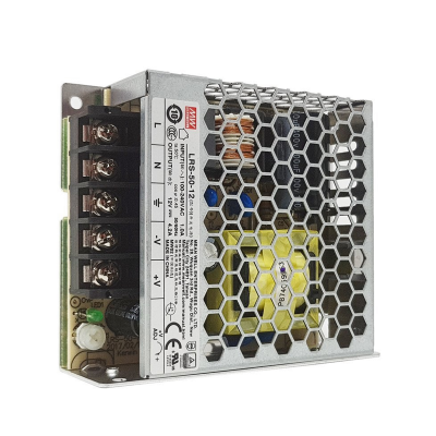 Fonte alimentação industrial MEAN WELL LRS-50-12 com estrutura metálica hexagonal prateada