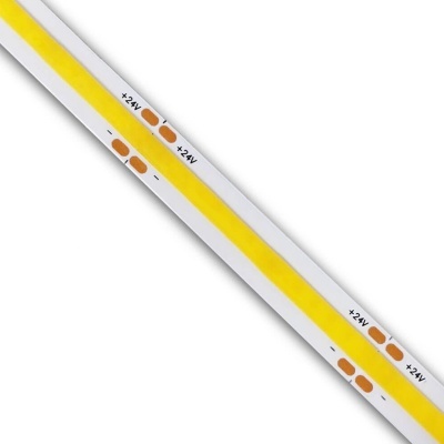 Tira de luz LED flexível branca com faixa amarela e marcações +24V