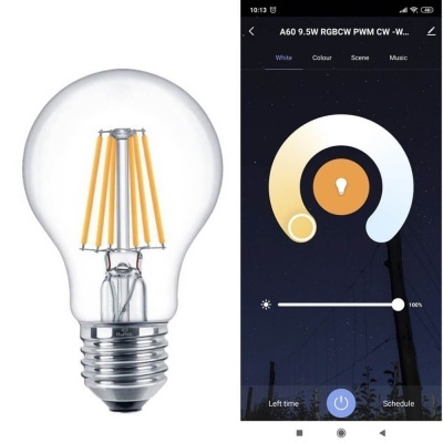 Lâmpada LED filamento A60 com aplicação de controlo no telemóvel