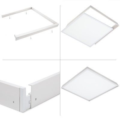 Painel de luz LED quadrado branco com moldura metálica e superfície difusora