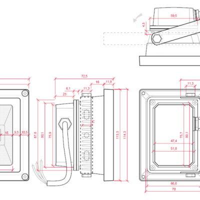Desenho técnico de lâmpada de projetor LED com medidas em milímetros e cabos elétricos
