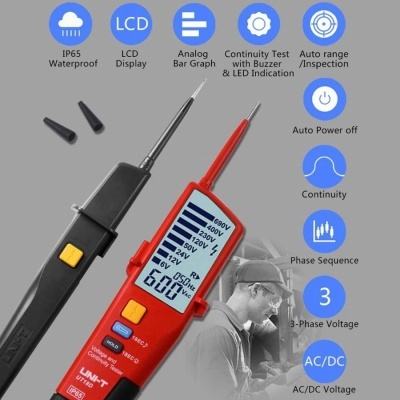 Multímetro digital vermelho com display LCD e ponteiras pretas num fundo cinzento