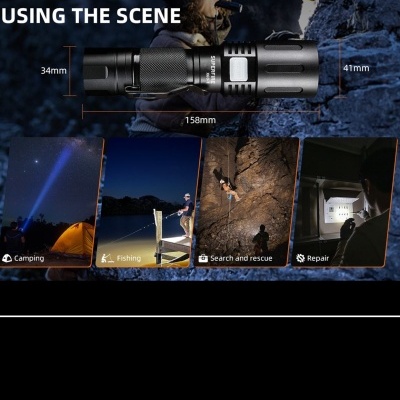 Lanterna preta texturizada com dimensões e usos em cenário noturno