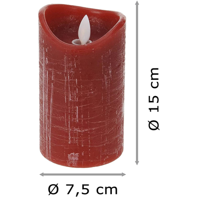 Vela decorativa vermelha com chama artificial e medidas visíveis