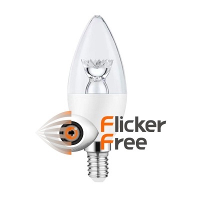 Lâmpada LED tipo vela com base de rosca e texto 'Flicker Free'