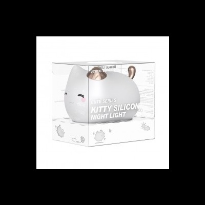 Luz noturna de gato em silicone branco com orelhas castanhas embalada em caixa transparente