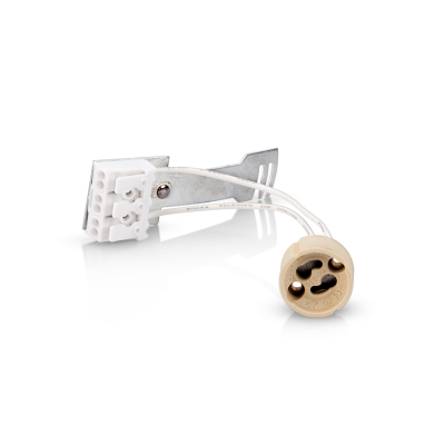 Conector elétrico metálico com terminais de plástico branco e bege