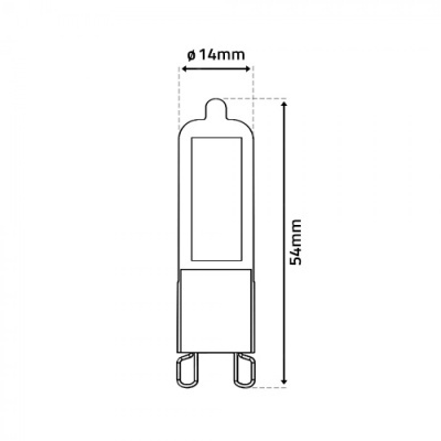 Desenho técnico de uma lâmpada G9 halógena com indicações de dimensão