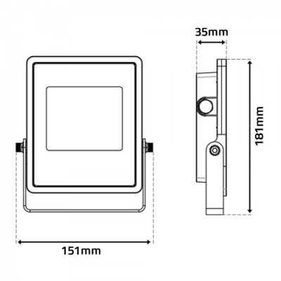 Desenho técnico a preto e branco de projetor retangular com medidas em milímetros