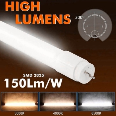 Tubo de luz LED branco com texto HIGH LUMENS e especificações técnicas