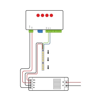 Esquema de ligação elétrica de fita de LED com controlador e fonte de alimentação