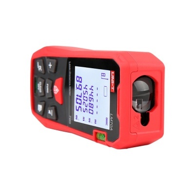 Medidor digital de distância vermelho com ecrã e botões