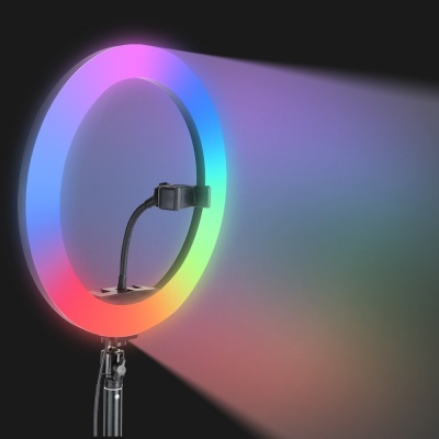 Anel de luz LED multicolorido com suporte para telefone