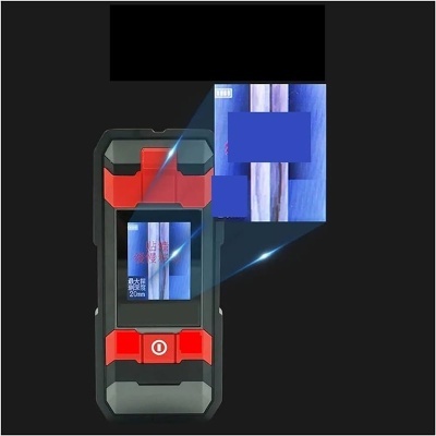 Aparelho medidor a laser digital com visor em azul e botões vermelhos e pretos