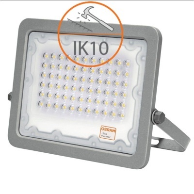 Projetor LED cinzento com 48 LEDs e etiqueta OSRAM.