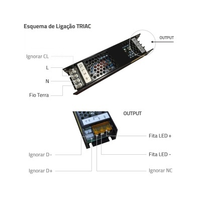 Controlador TRIAC preto com etiquetas de conexões e instruções em português.