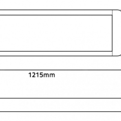 Desenho técnico de uma placa retangular branca com bordas arredondadas e dimensões