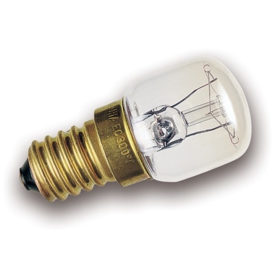 Lâmpada incandescente pequena com base metálica dourada e bulbo de vidro transparente