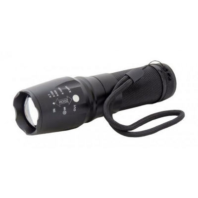Lanterna preta compacta em metal com regulador de zoom e cordão de mão