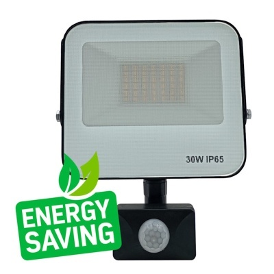 Refletor LED branco e preto com sensor de movimento e etiqueta Energy Saving