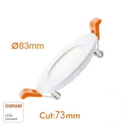 Luz LED redonda branca OSRAM com fixadores laranja e indicação de tamanho
