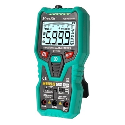 Multímetro digital verde Pro'sKit MT-1708 com visor LCD ligado