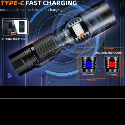 Lanterna preta SUPERFIRE X26 com carregamento Tipo-C e indicador de carga