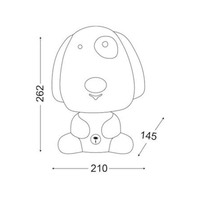 Desenho a preto e branco de um brinquedo em forma de cão com medidas indicadas
