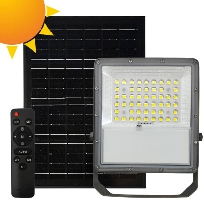 Painel solar preto, luz LED quadrada com lâmpadas amarelas e comando remoto preto