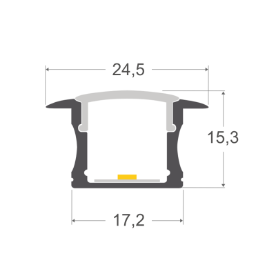 Perfil técnico cinza e branco com medidas em milímetros