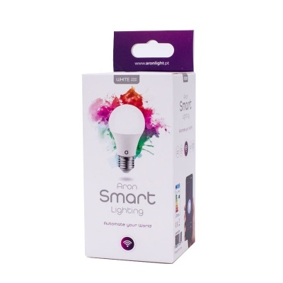 Embalação branca e roxa de lâmpada inteligente Aron Smart Lighting