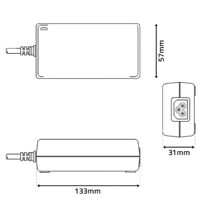 Fonte de alimentação branca retangular com cabo e dimensões indicadas
